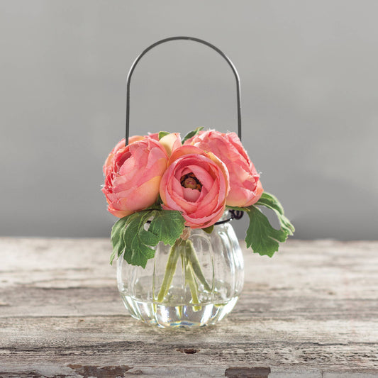 Vintage Pink Ranunculus in Glass Vase - Artificial Flower Arrangement