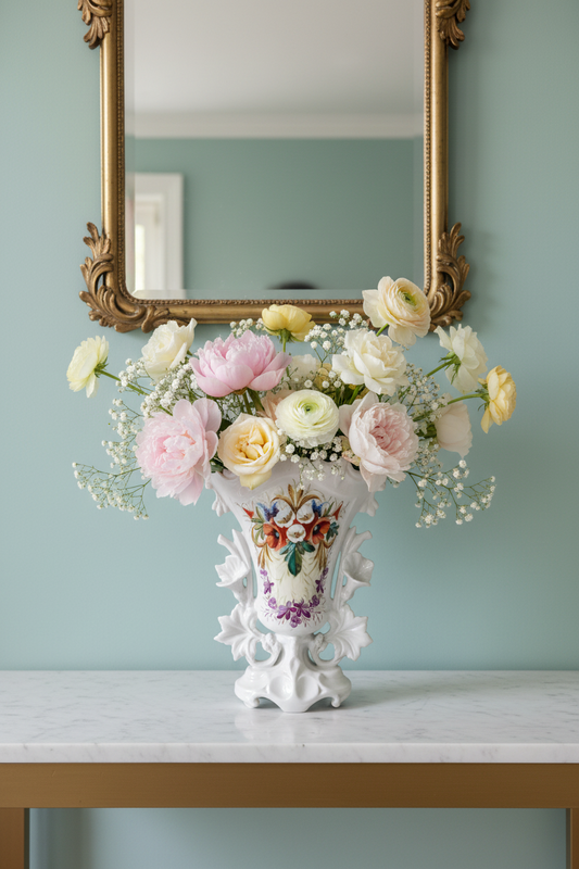 Antique 19th-century Rococo Revival porcelain vase circa 1880 with hand-painted jewel-tone florals and high-relief acanthus scrollwork, styled on table against light blue wall with mirror