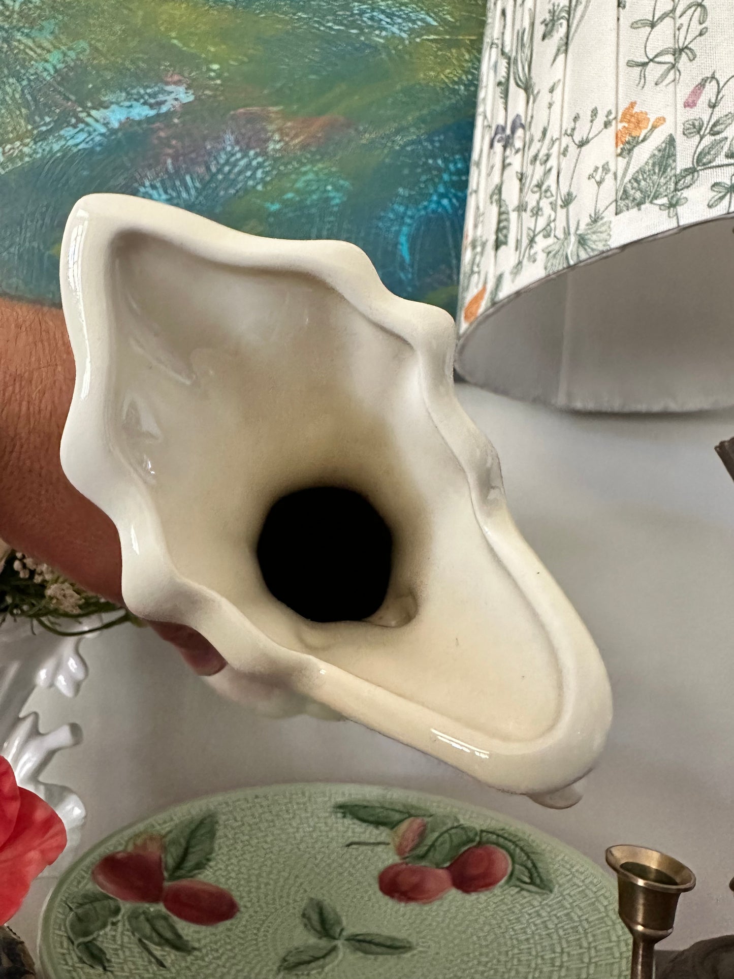 Vintage Cream Ceramic Pitcher — Ornate Scalloped Spout & Embossed Base