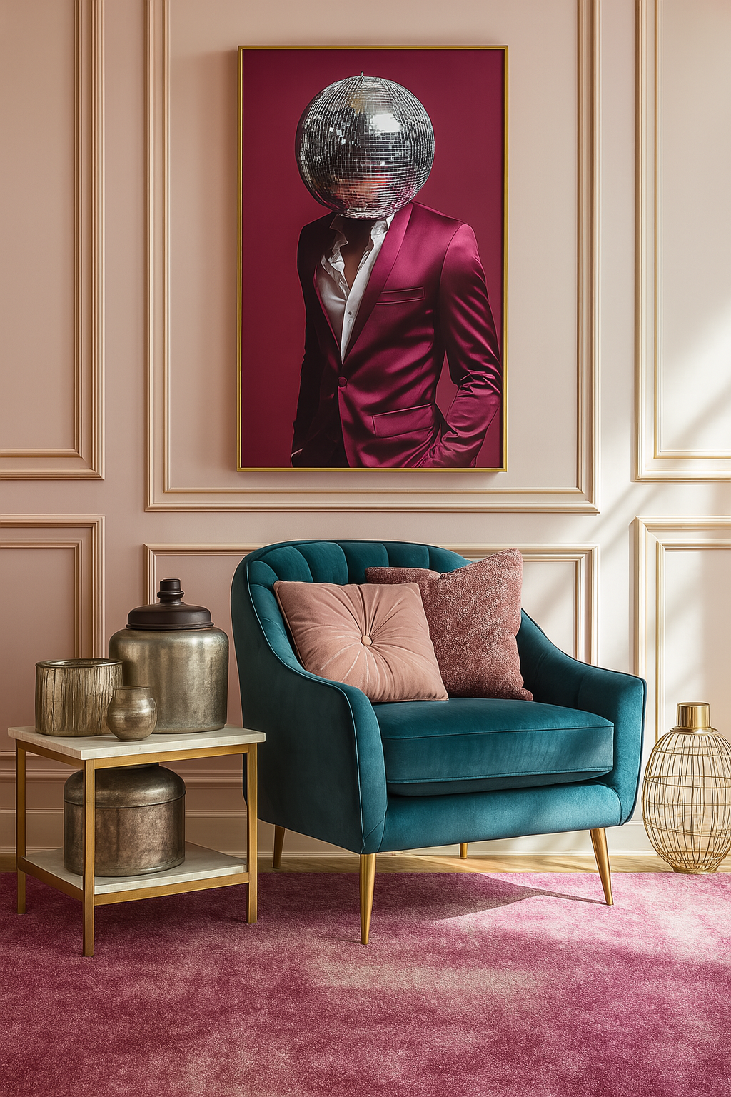 Modern interior with a teal armchair, side table, and decorative wall art.