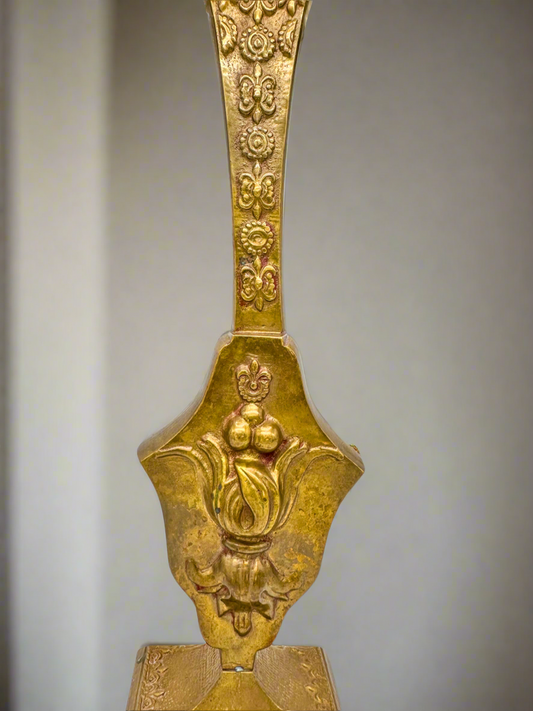 Golden Devotion: Vintage Ornate Ceremonial Finial with Seated Figure Relief