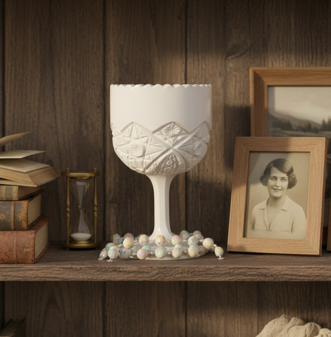 Decorative white goblet with intricate patterns on a light gray background