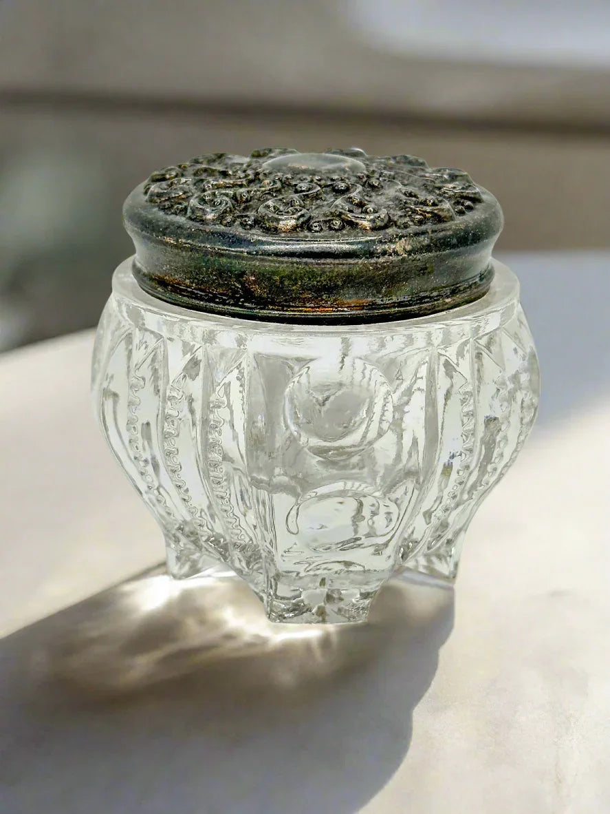 Vintage Embossed Glass Trinket Jar - Ornate Metal Lid | The Marian Collection