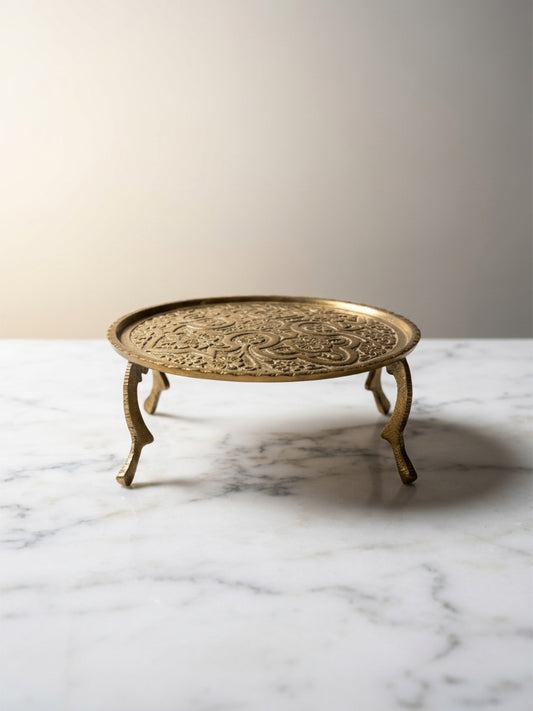 Vintage Miniature Embossed Brass Footed Stand | Mid-Century Indian Display Riser & Trivet