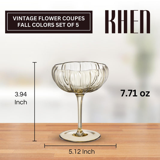 Flower Coupe Cocktail Glasses Set of 5 | Bright Spring Colors Stemware | Khen