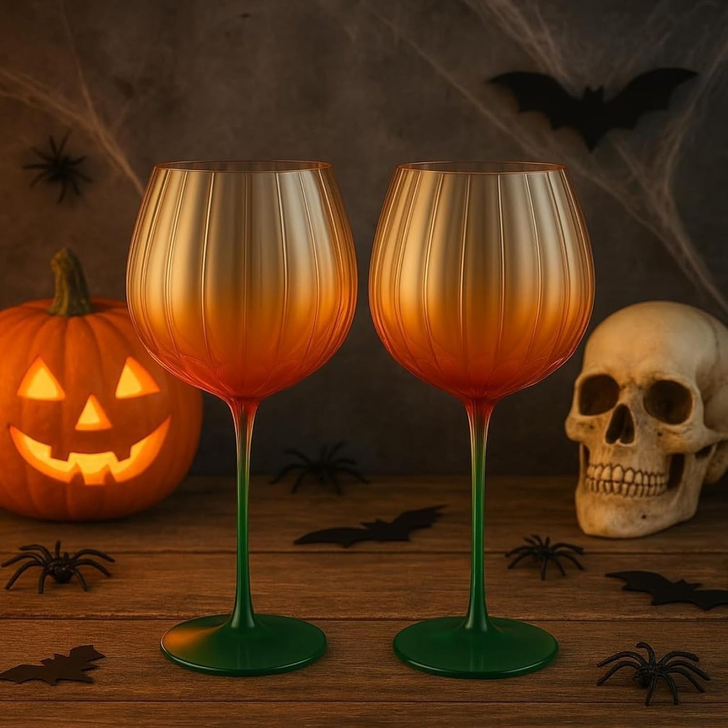 Pumpkin Wine Glasses Set of 2 | Fall Borosilicate Stemware Orange & Green | Khen