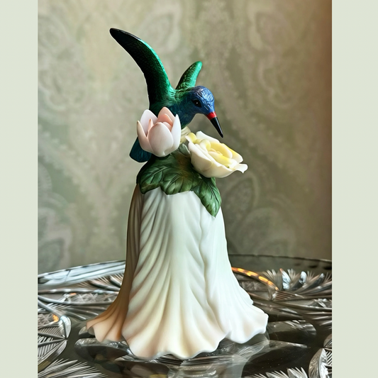 Vintage Porcelain Hummingbird Bell with Hand‑Formed Flowers — Blue‑Green Bird Figurine — Pristine Condition
