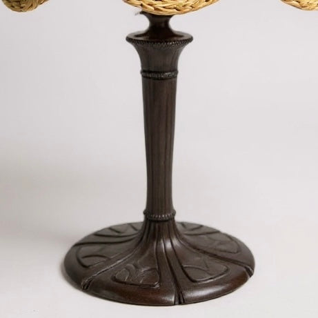 Vintage Cast Iron Lamp with Custom Rattan Shade - Boho Decor