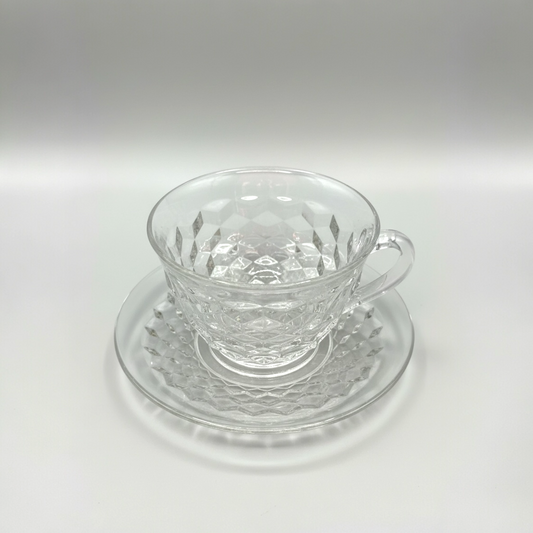 Anchor Hocking Wexford Glass Teacup & Saucer Sets – Vintage Diamond Elegance