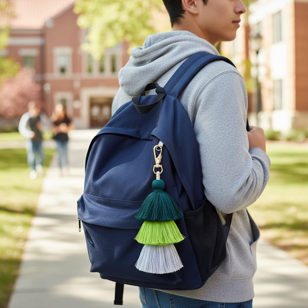 Person wearing a blue backpack with colorful tassels on a background
