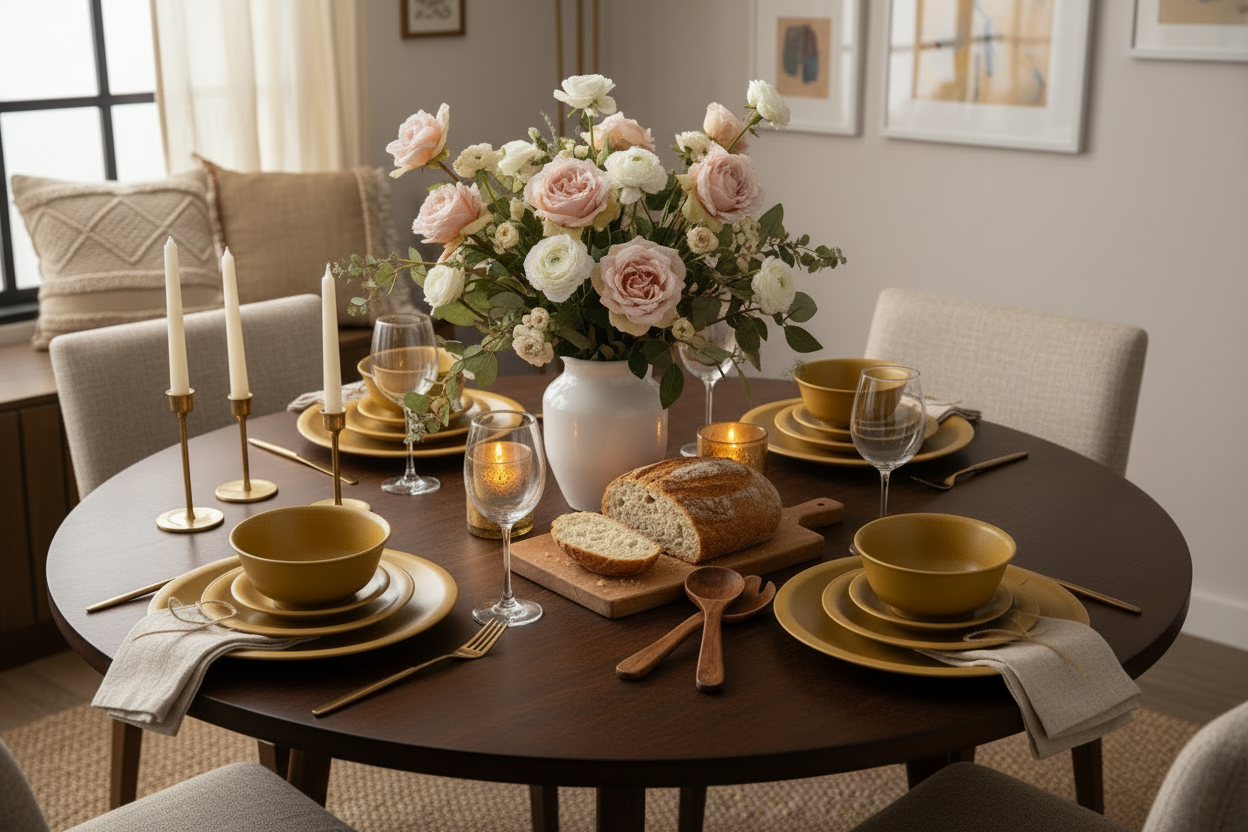 A beautifully styled round dining table set for a dinner party, featuring yellow ceramic bowls and plates, gold-toned candlesticks, a large white vase filled with pink and white roses, and a loaf of bread on a wooden board. The table is surrounded by neutral beige upholstered chairs in a warm, well-lit dining room.