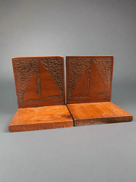 Hand-Carved Wooden Sailboat Bookends
