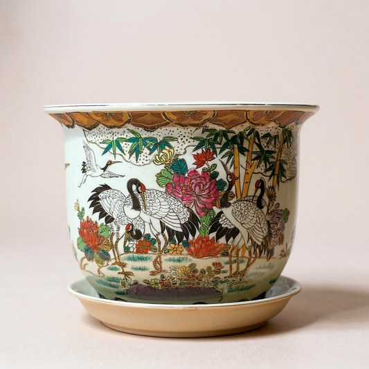 Celestial Cranes & Lotus Dreams – Vintage Ceramic Planter with Saucer