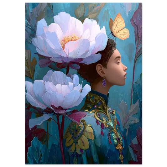 Artistic depiction of a woman with large flowers and a butterfly in her hair against a blue background