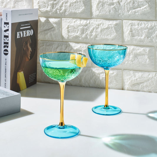 Bellissimo Crystal Champagne Coupes Set of 2 | Blue Cocktail Glassware | Khen