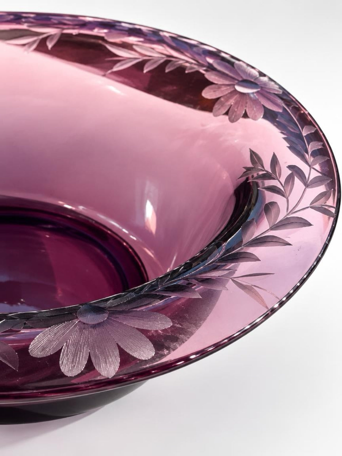 Vintage Amethyst Glass Console Bowl with Etched Floral Rim