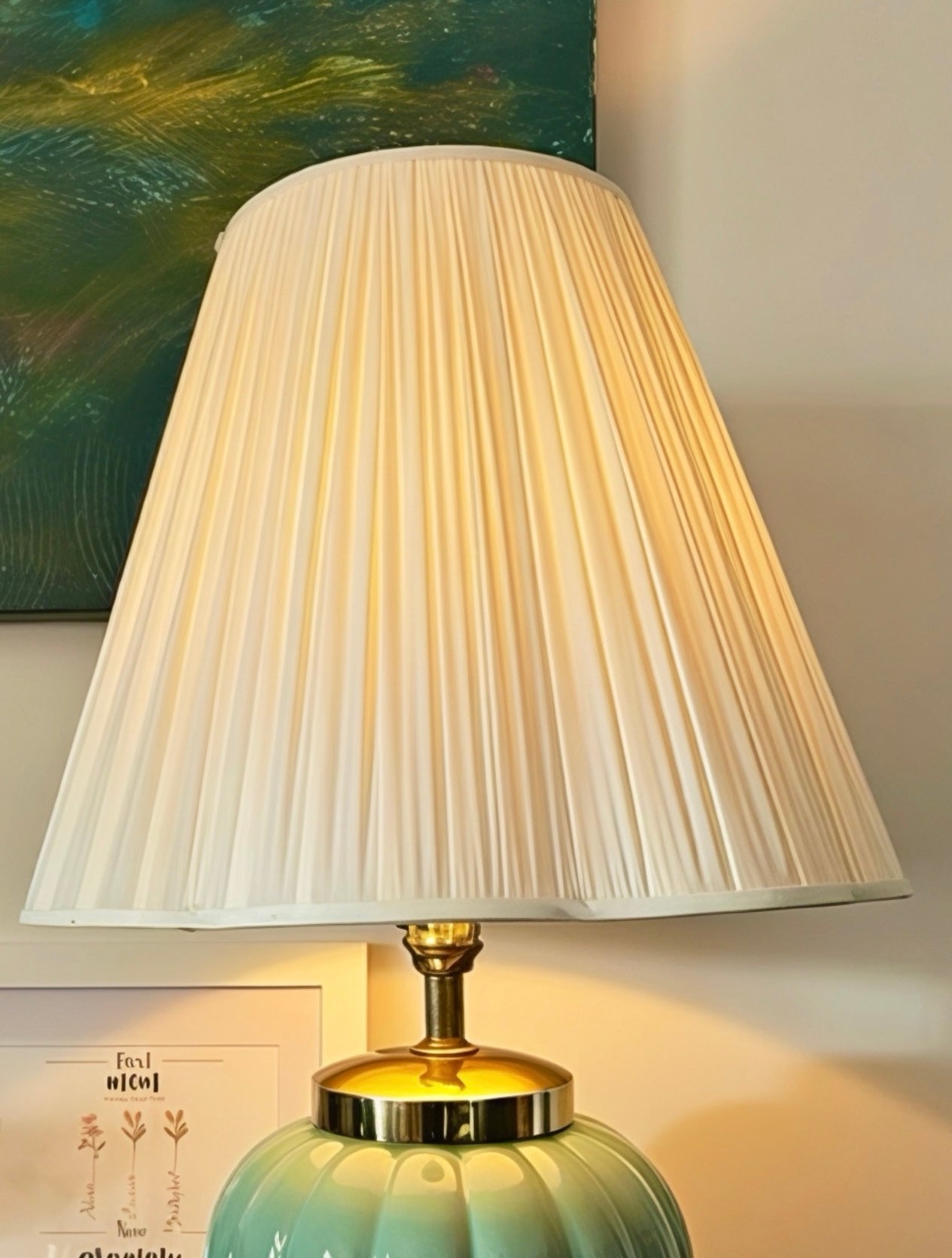 Vintage Pleated Shade Table Lamp – Teal Ribbed Ceramic Base with Gold Accents (32”H × 18”W)