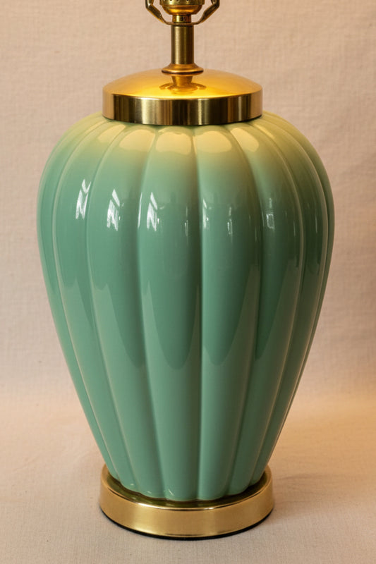 Vintage Pleated Shade Table Lamp – Teal Ribbed Ceramic Base with Gold Accents (32”H × 18”W)