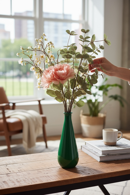 Green vase with pink flowers on a wooden table in a bright room.