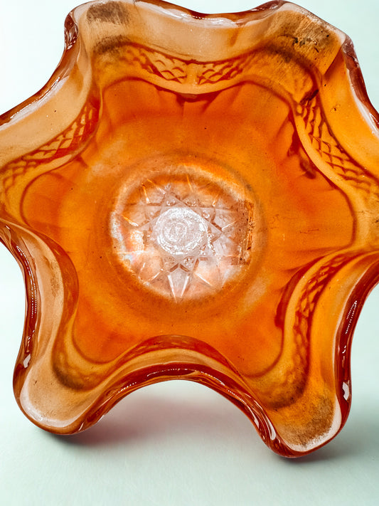 Marigold Carnival Glass Bowl – Vintage Ruffled-Edge Centerpiece