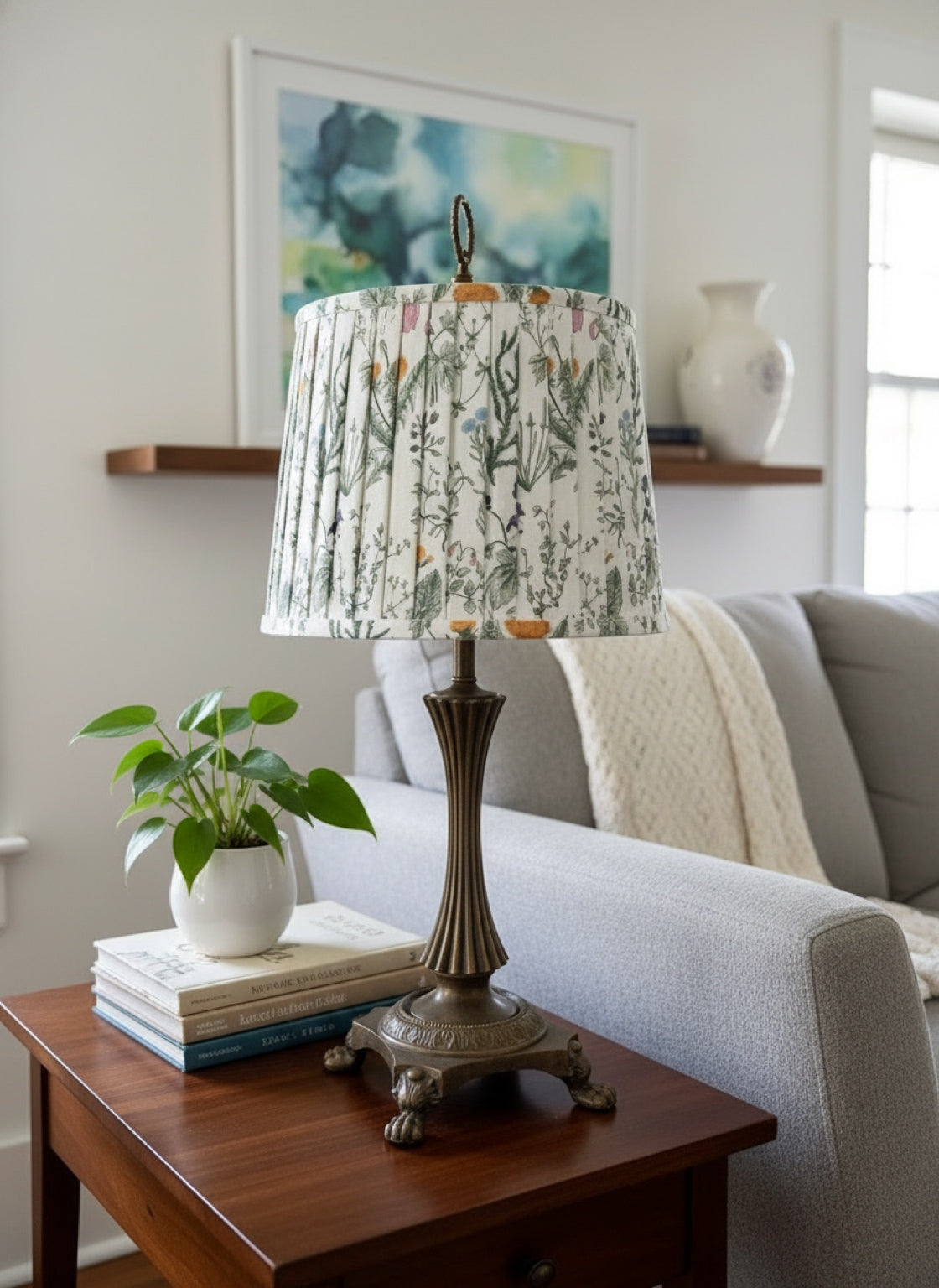 Vintage Lamp - Metal Base + Floral Fabric Shade