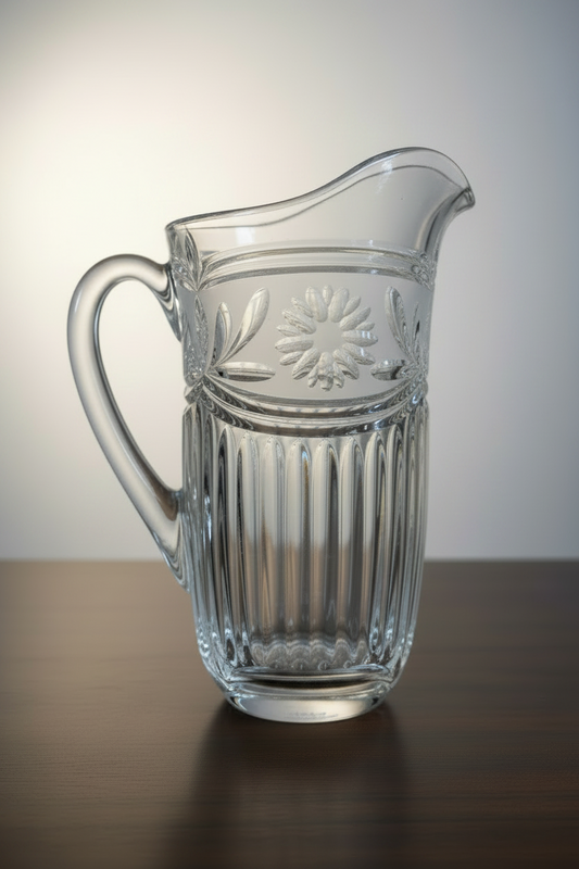 Vintage mid-century pressed glass water pitcher with frosted daisy wheel and leaf motif band, vertical fluted columns on lower body, and molded clear glass handle, three-quarter front view on dark walnut surface
