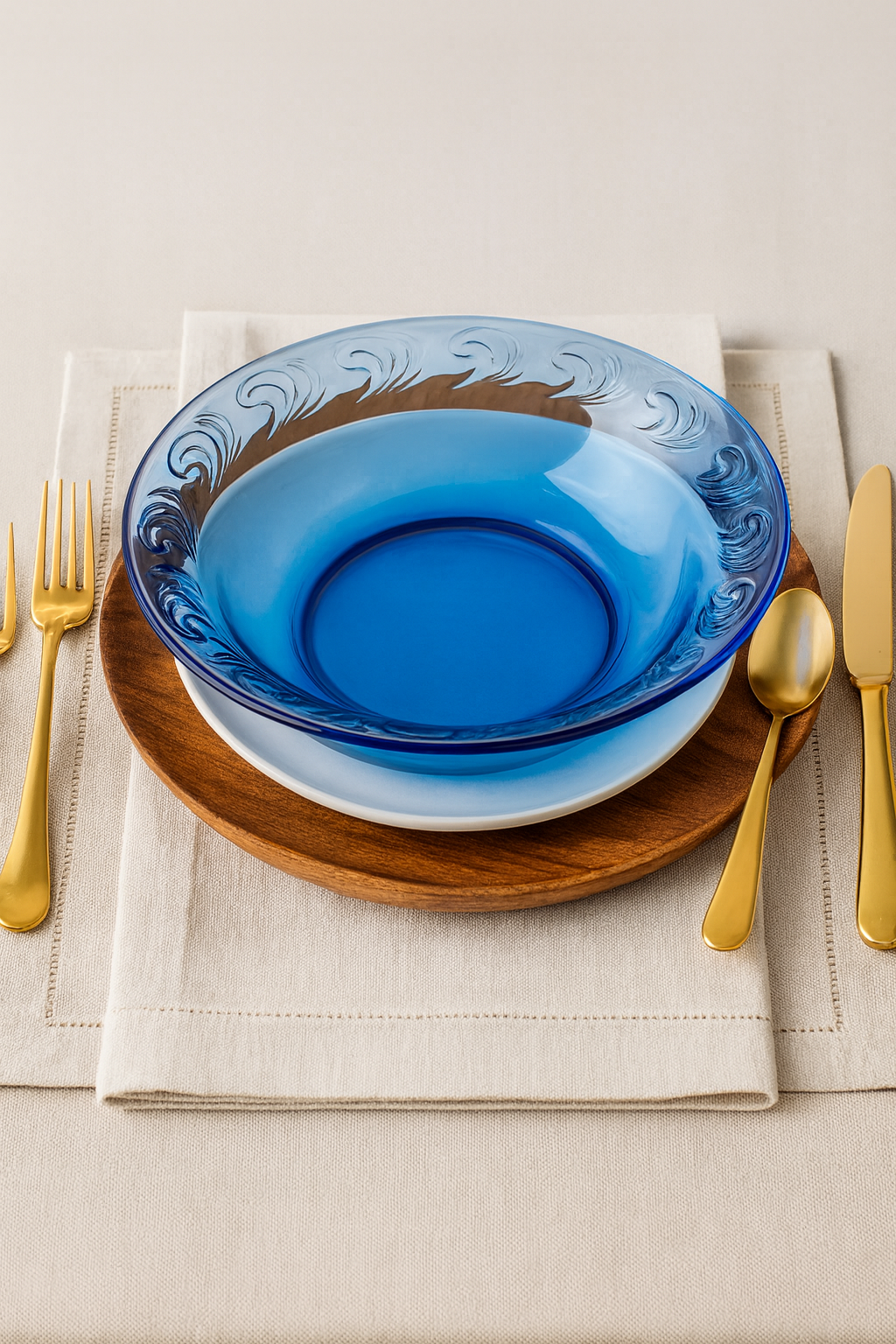 Blue glass bowl on a wooden plate with gold cutlery on a beige tablecloth.