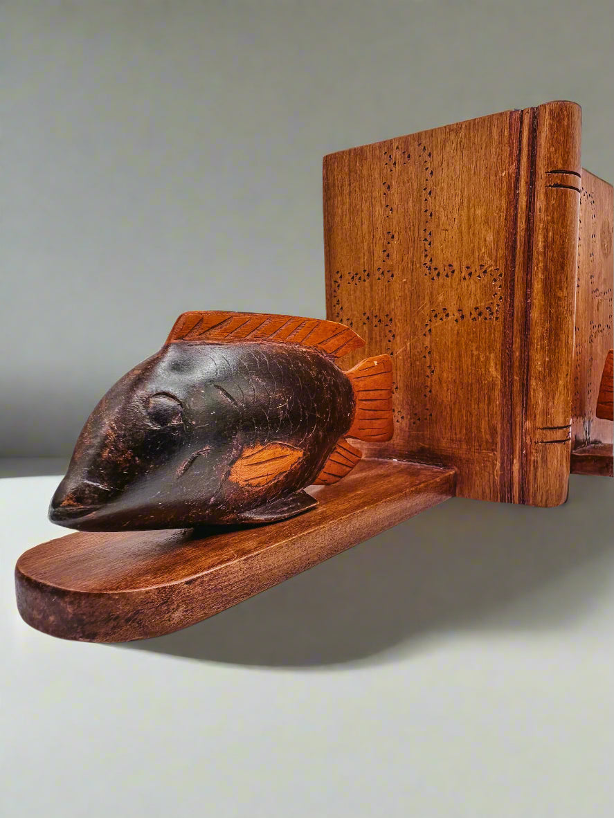 Vintage Wooden Fish Bookends — Hand-Carved