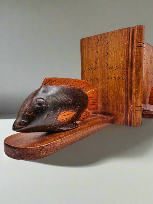 Vintage Wooden Fish Bookends — Hand-Carved