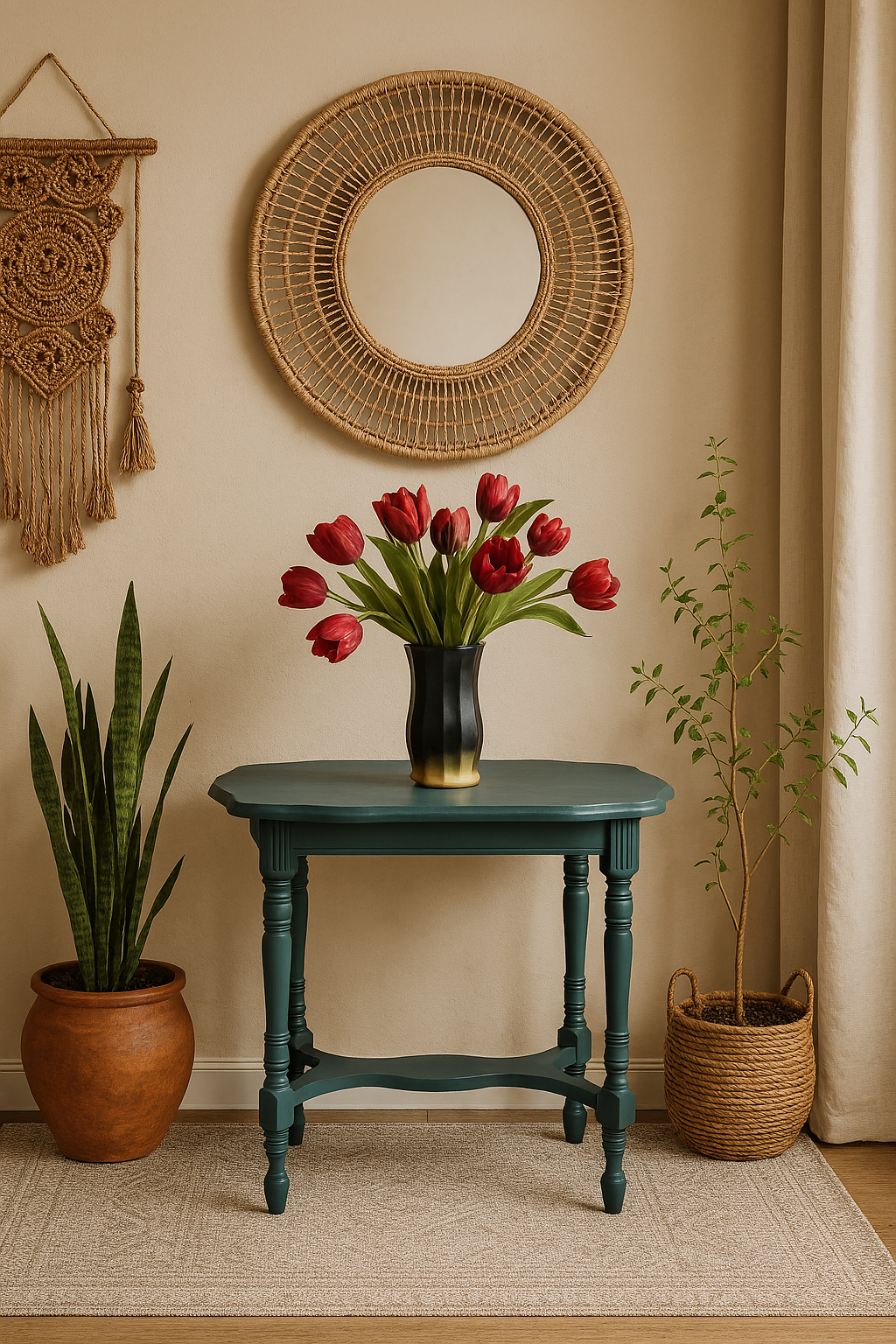 Teal vintage side table featuring elegant design, perfect for home decor with potted plants.