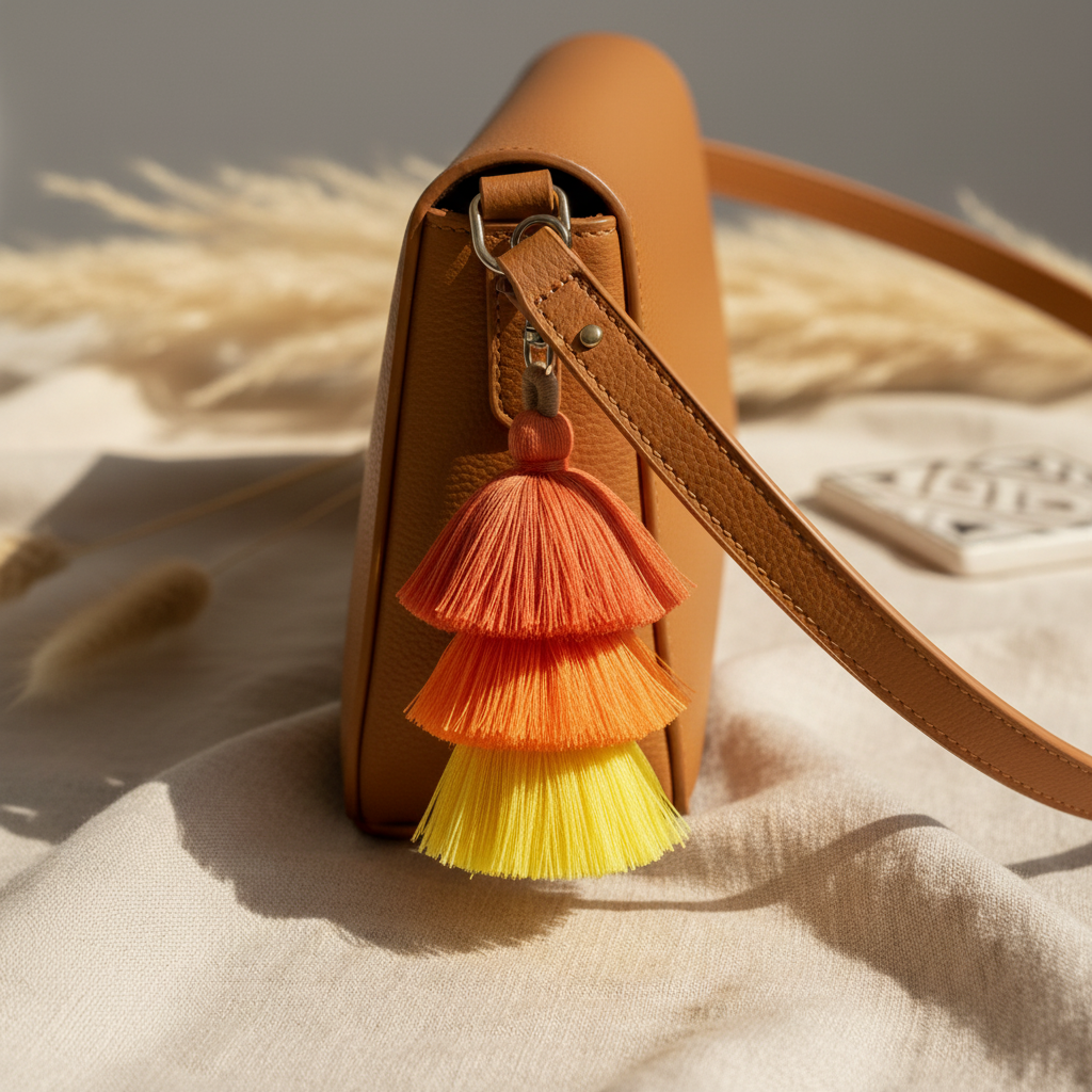 A tan leather shoulder bag with a tiered tassel charm in orange, orange-pink, and yellow, resting on a beige fabric surface with dried grass and a small white decorative object in the background.