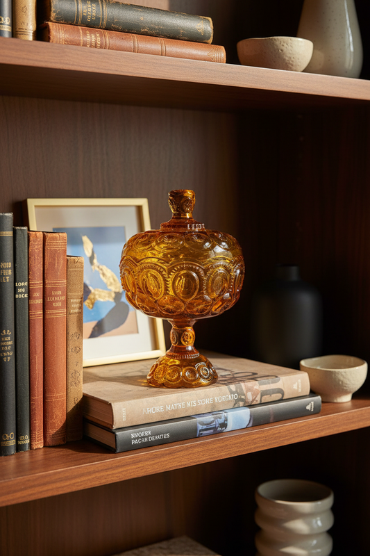 Indian glass company candy dish sitting on a modern traditional styled book shelf warm dark wood and vintage decor accents