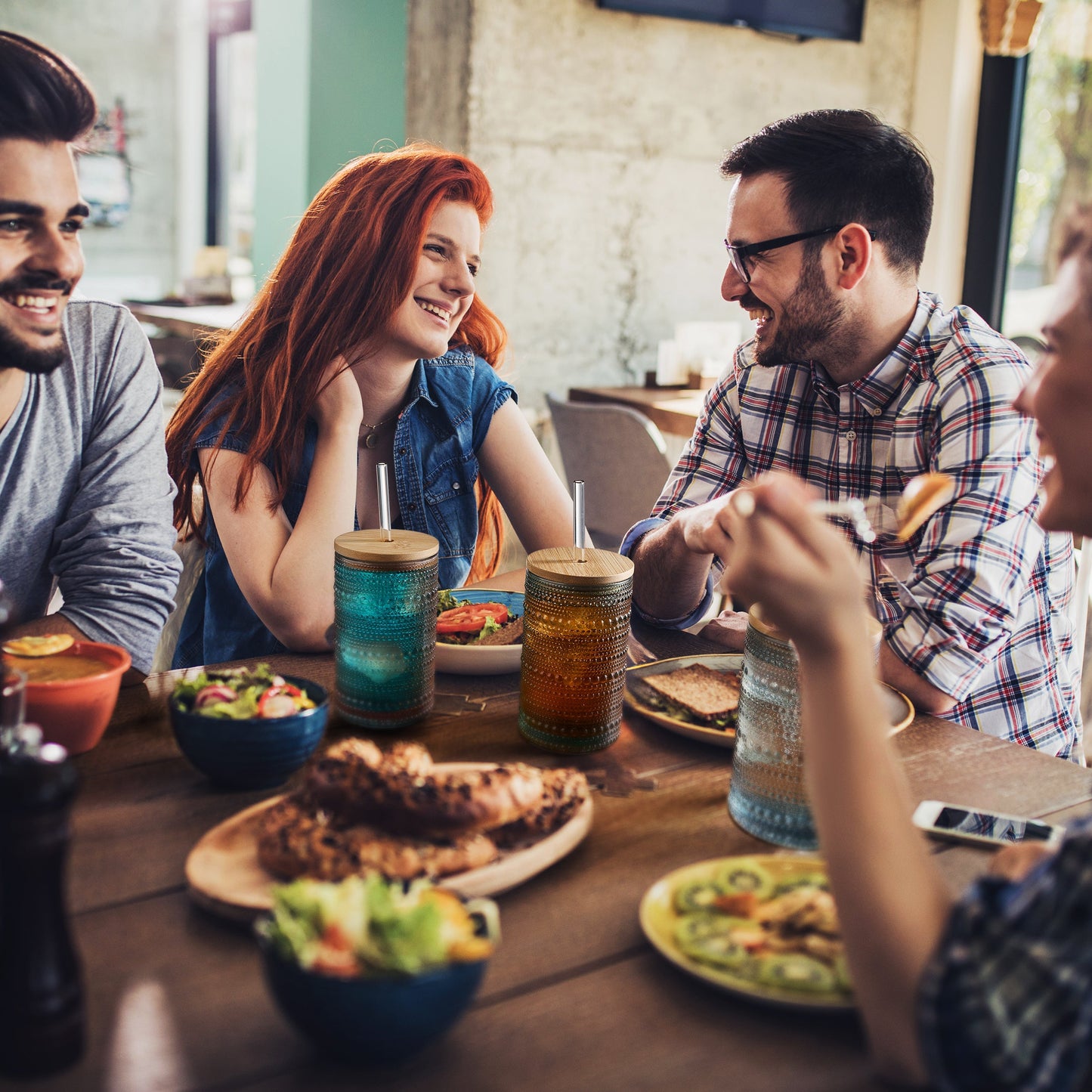 Vintage-Style Tonal Hobnail Highball Glasses with Lids & Glass Straws - Set of 6