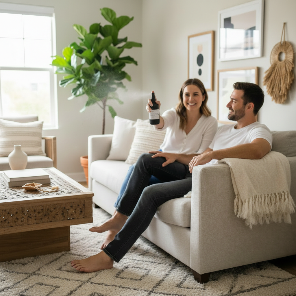 Man and woman sitting on a couch in a living room, holding a bottle of room spray together.