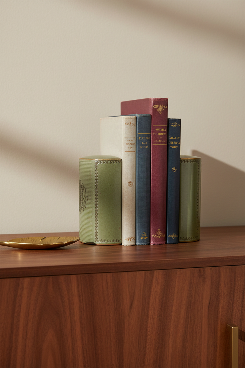 Mid-century sage green leather bookends holding up a stack of vintage hardback books on a rich dark wood credenza alongside a decorative leaf dish.