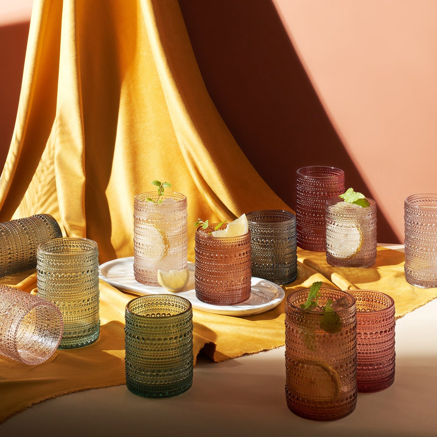 Tonal Hobnail Highball & Lowball Glasses Set of 12 | Mixed Barware Collection | Khen