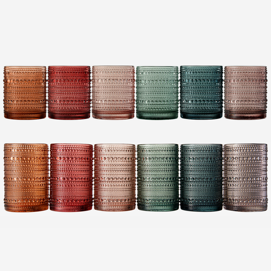 Tonal Hobnail Highball & Lowball Glasses Set of 12 | Mixed Barware Collection | Khen