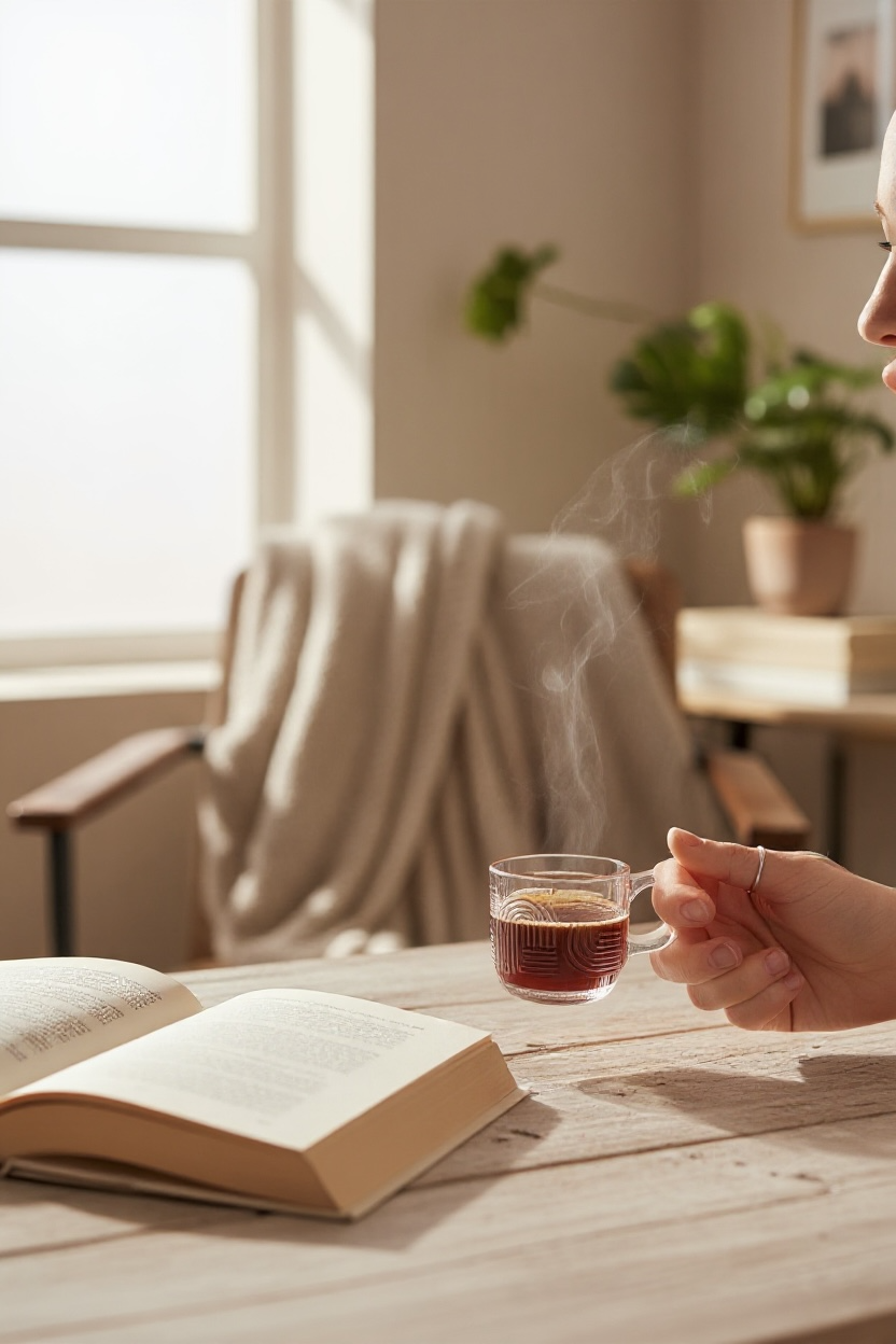 Person holding a steaming cup of tea next to an open book on a wooden table.