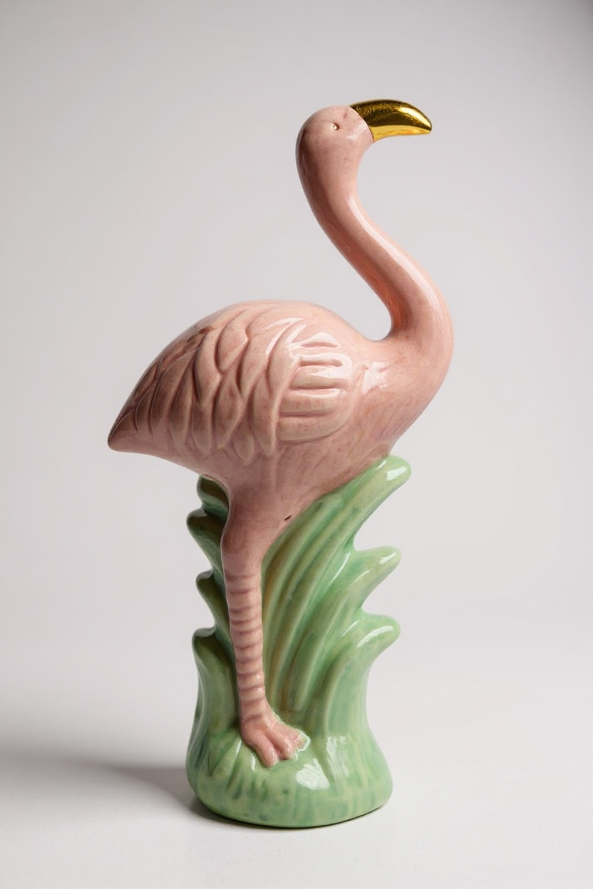 Pink flamingo figurine on a green base against a light gray background