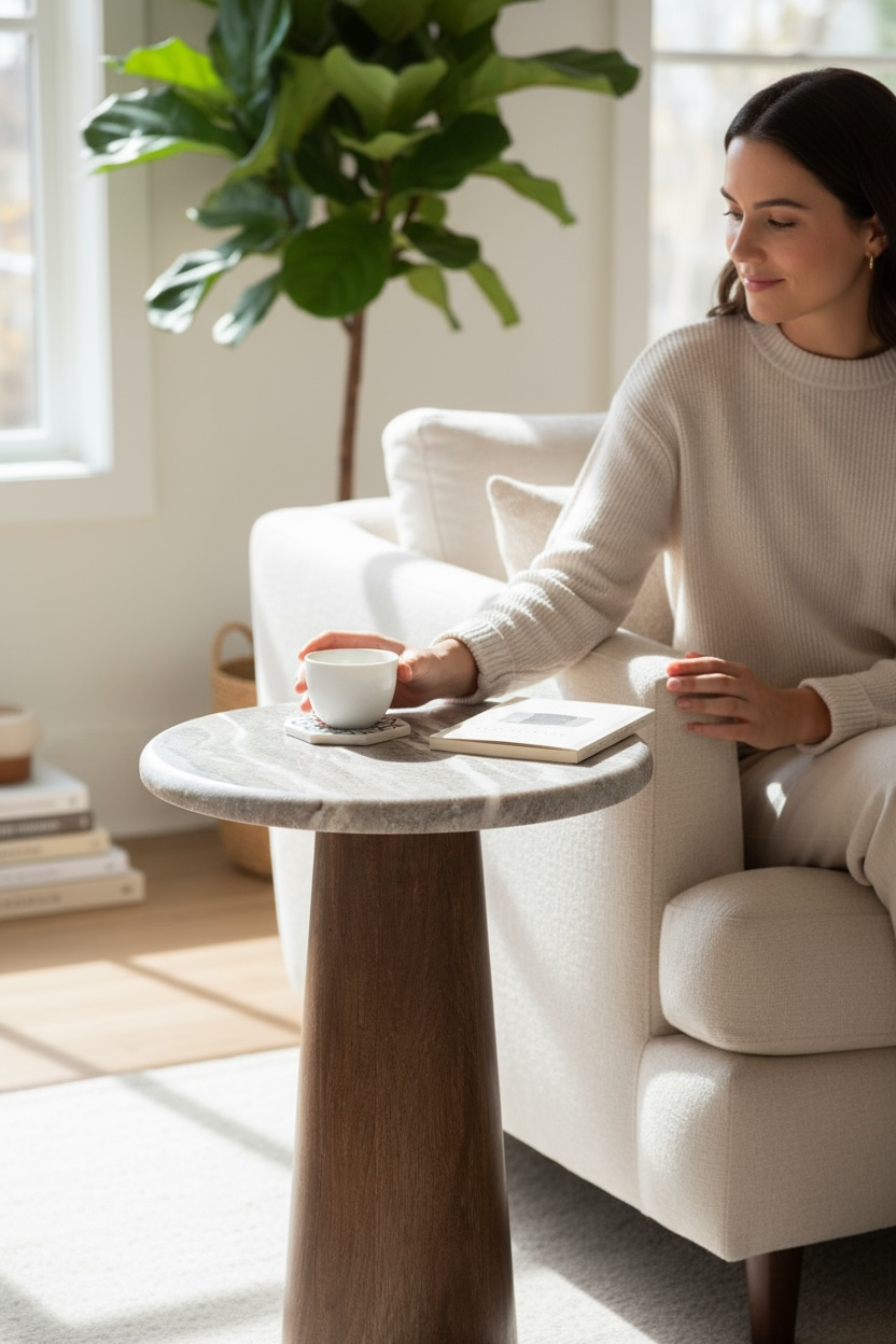 Woman sitting on a couch in a bright living room with a small table and Round marble table with wooden base on a light gray background with wooden base on a light gray background plant.