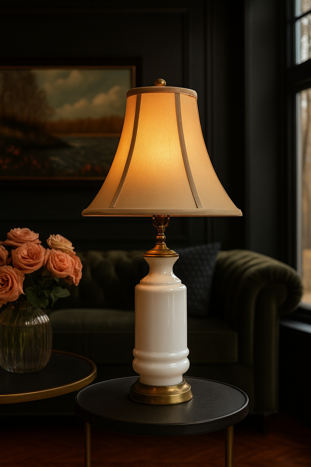 Vintage Milk Glass Table Lamp with Brass Accents & Flared Shade