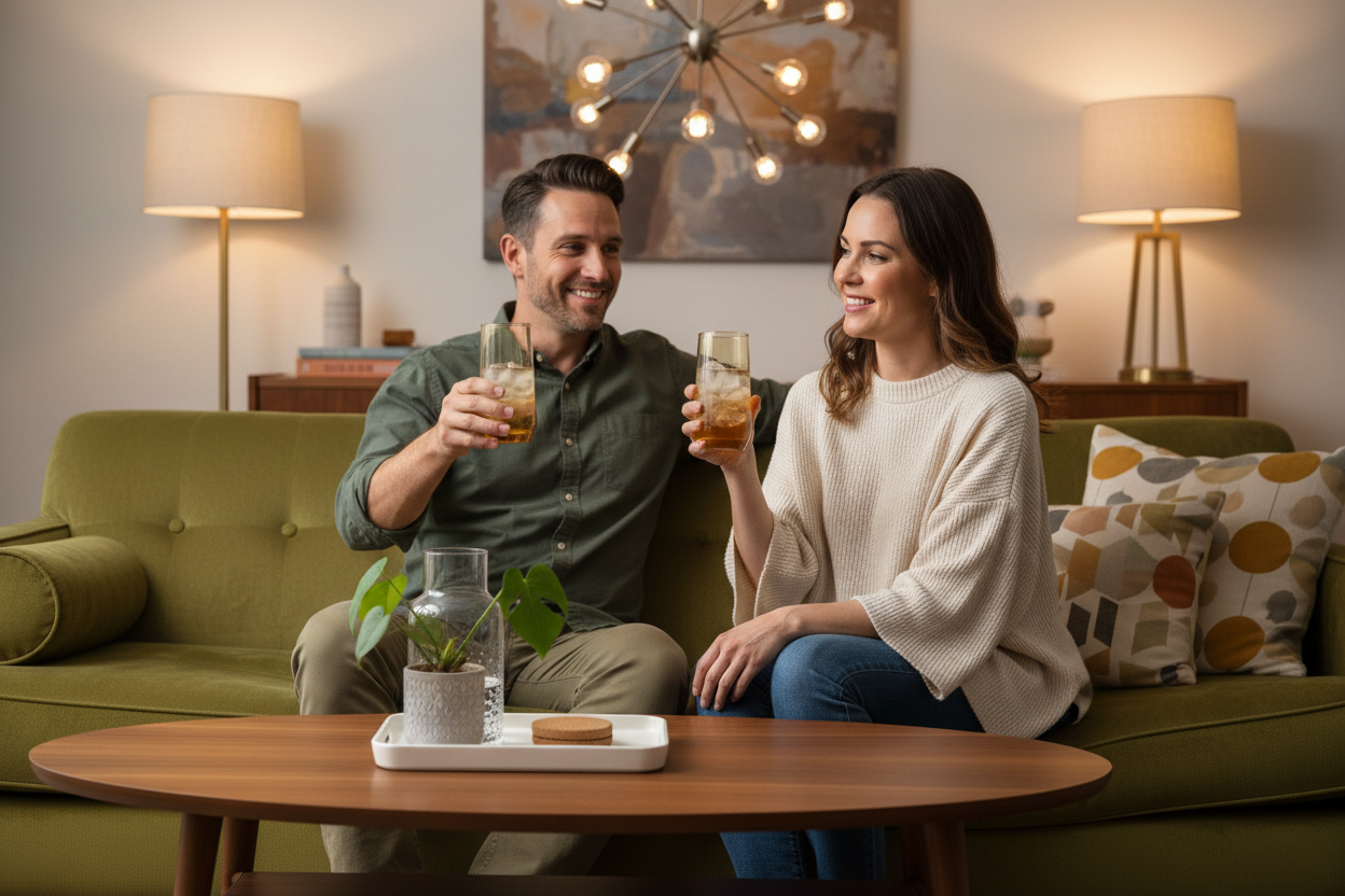 Lifestyle photo of couple toasting with vintage amber glass highball tumblers filled with cocktails in warm mid-century modern living room with green velvet sofa, brass Sputnik chandelier, and warm lamp lighting