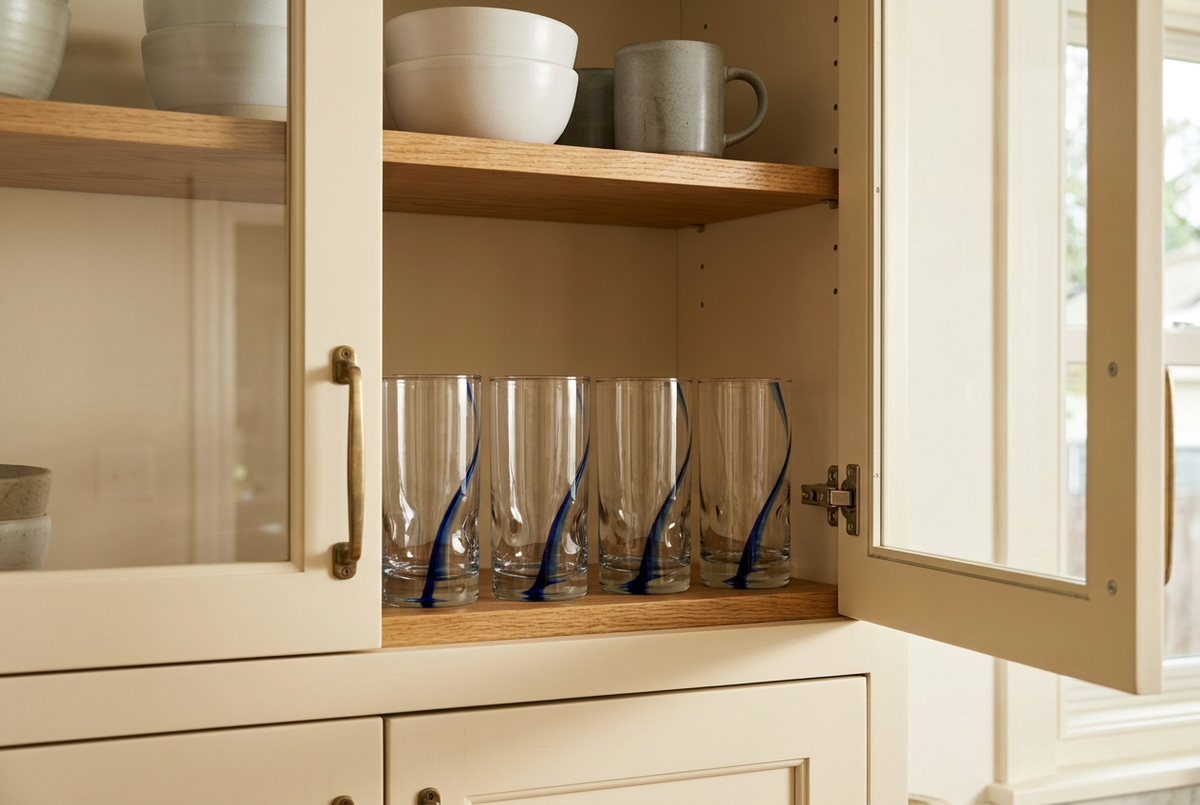 Cobalt-swirl glasses displayed in an oak kitchen cabinet with glass doors