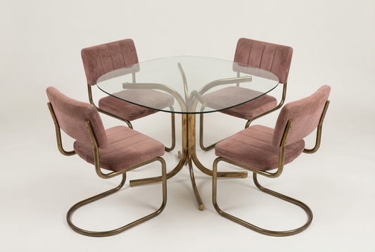 1980s Douglas Furniture Brass & Glass Dining Set with Dusty Rose Chairs, 5 Pieces