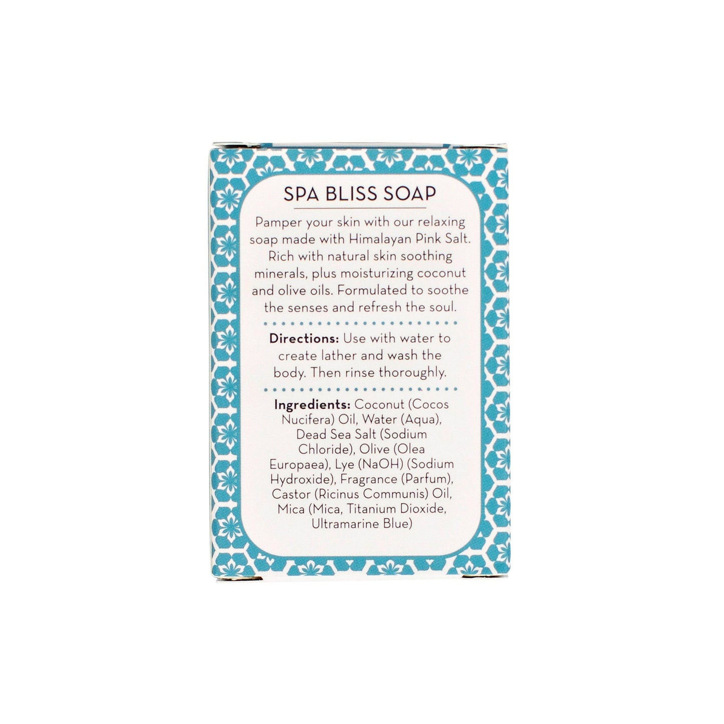 SPA BLISS SOAP with Himalayan Pink Salt, moisturizing coconut and olive oils, natural skin soothing minerals.