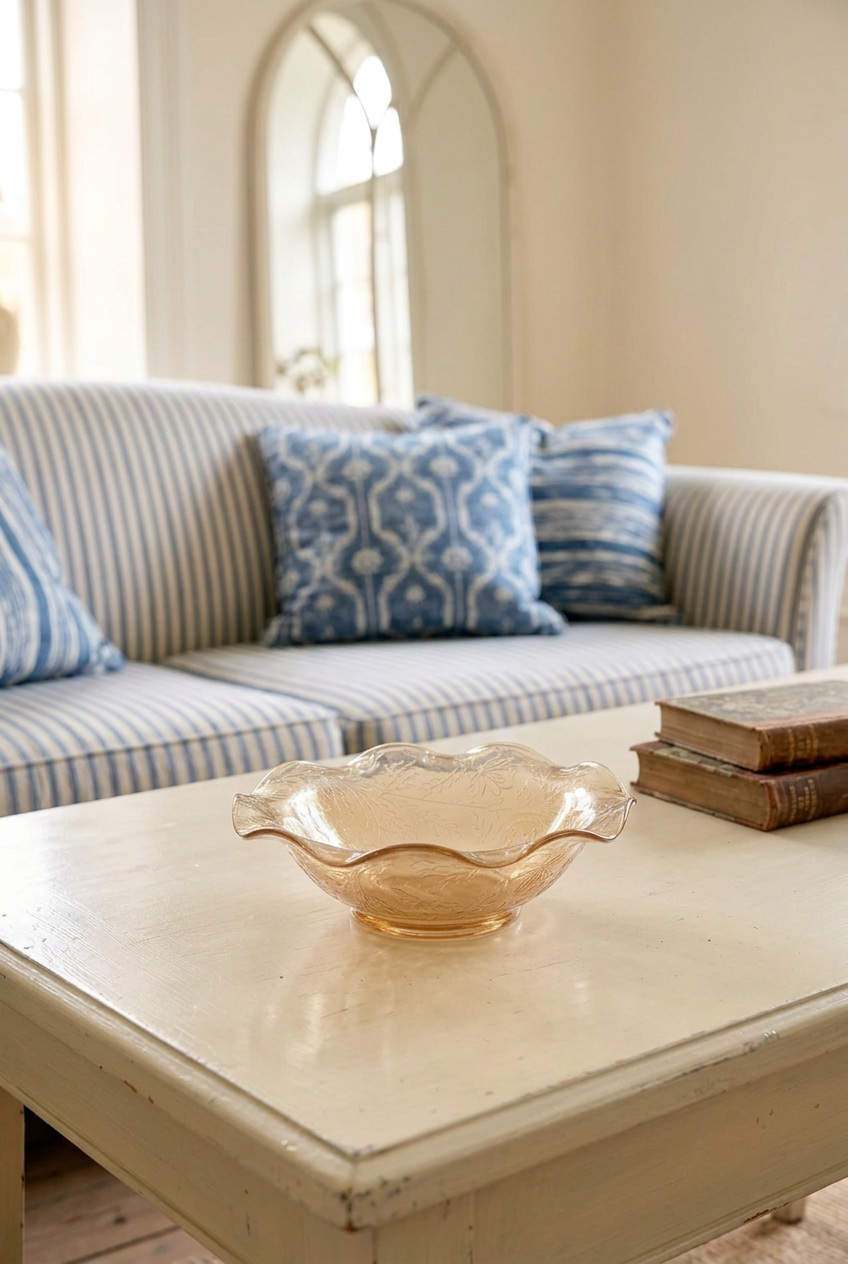Jeannette Floragold amber carnival glass bowl on a cream coffee table in a sunlit sitting room with blue-and-white textiles.
