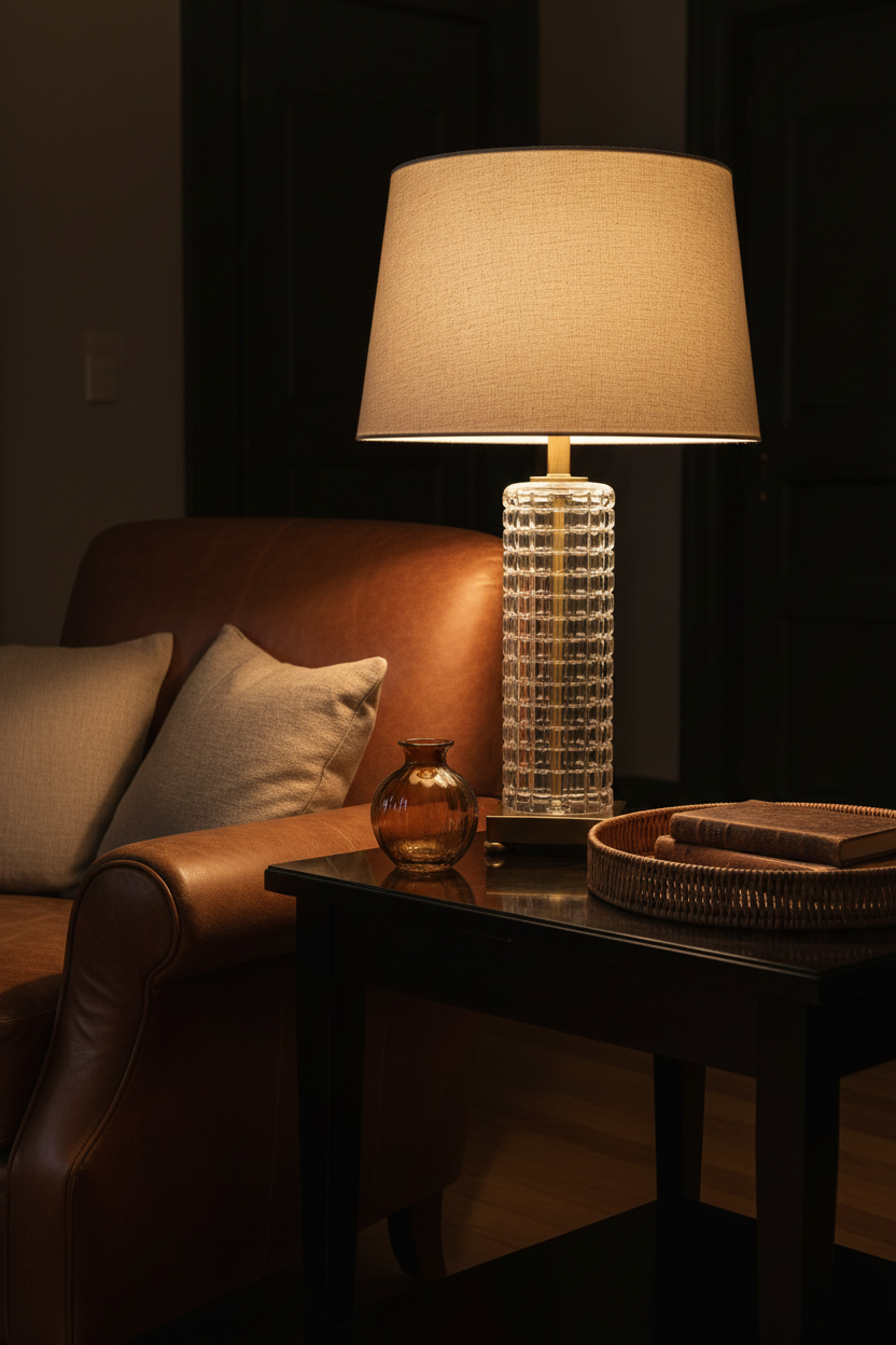 Vintage mid-century clear pressed glass table lamp with geometric waffle-grid column body, natural linen drum shade, and square antique brass plinth on four ball feet, illuminated on dark surface, warm ambient interior light