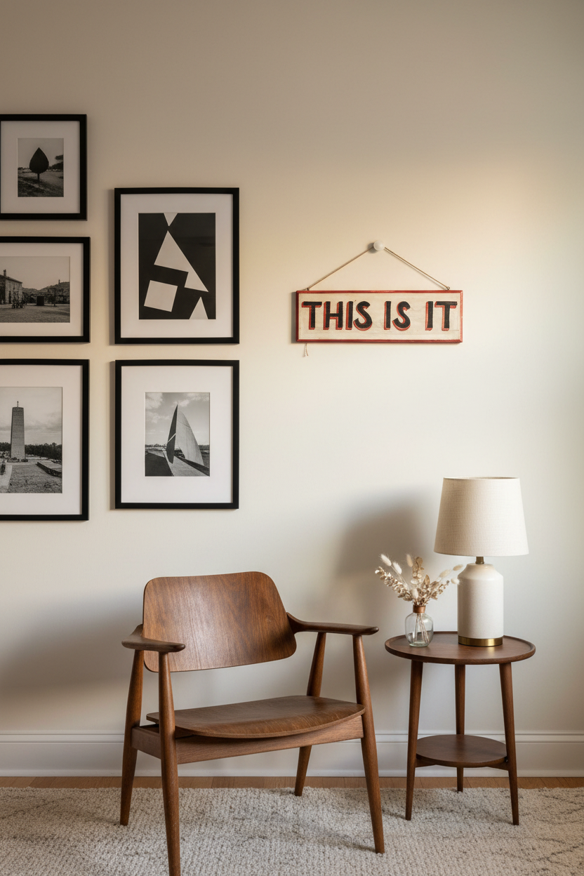 Vintage hand-painted THIS IS IT wooden wall sign displayed on a cream living room wall alongside a black-framed gallery wall of black-and-white photographs and abstract art prints, above a mid-century modern walnut lounge chair and round side table with white ceramic lamp