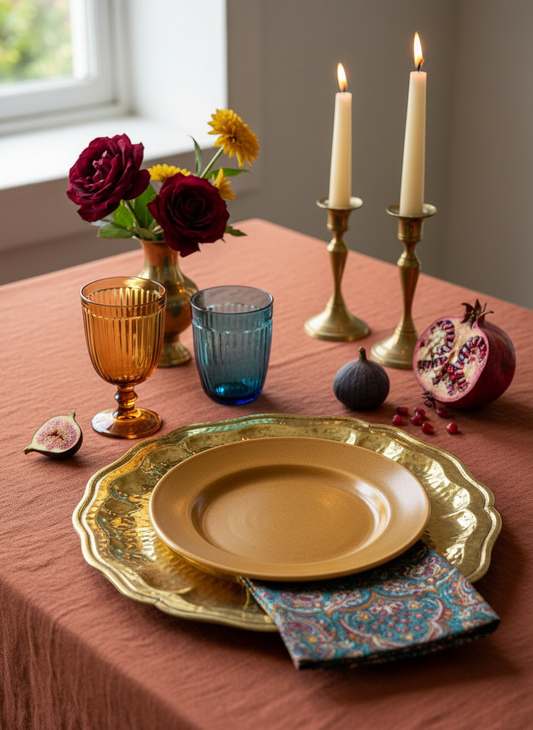 Luxe lifestyle image of your brass charger plate with vibrant table setting