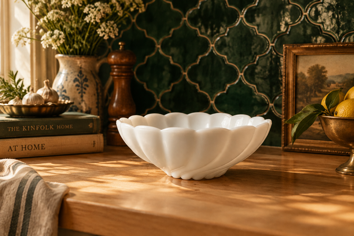 Mid-Century Fenton White Milk Glass Spiral Swirl Scalloped Bowl